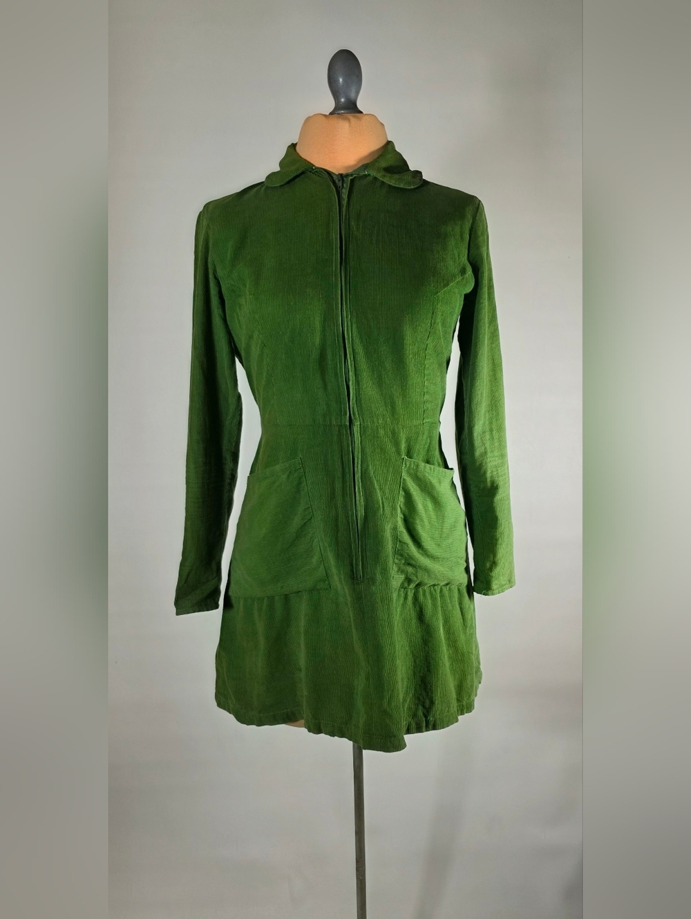 Samantha Pleet Cotton Corduroy Green Long Sleeve Zip-Front Women's Dress